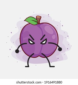 Vector Illustration of Plum Fruit Character with cute face, simple hands and leg line art on Isolated Background. Flat cartoon doodle style.