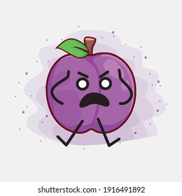 Ilustración vectorial de Plum Fruit Character con cara linda, manos simples y líneas de piernas en fondo aislado. Estilo de dibujo animado plano.
