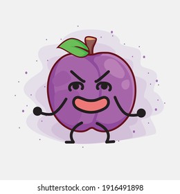 Vector Illustration of Plum Fruit Character with cute face, simple hands and leg line art on Isolated Background. Flat cartoon doodle style.