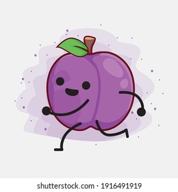 Ilustración vectorial de Plum Fruit Character con cara linda, manos simples y líneas de piernas en fondo aislado. Estilo de dibujo animado plano.