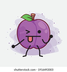 Vector Illustration of Plum Fruit Character with cute face, simple hands and leg line art on Isolated Background. Flat cartoon doodle style.
