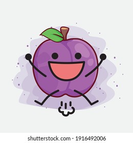 Vector Illustration of Plum Fruit Character with cute face, simple hands and leg line art on Isolated Background. Flat cartoon doodle style.