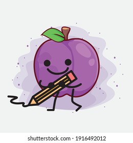 Vector Illustration of Plum Fruit Character with cute face, simple hands and leg line art on Isolated Background. Flat cartoon doodle style.