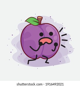 Vector Illustration of Plum Fruit Character with cute face, simple hands and leg line art on Isolated Background. Flat cartoon doodle style.
