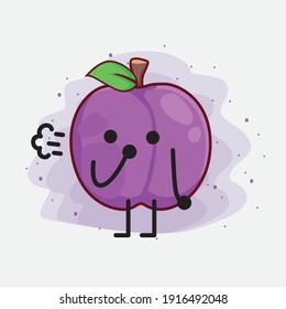 Vector Illustration of Plum Fruit Character with cute face, simple hands and leg line art on Isolated Background. Flat cartoon doodle style.