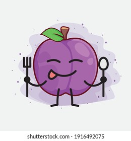 Ilustración vectorial de Plum Fruit Character con cara linda, manos simples y líneas de piernas en fondo aislado. Estilo de dibujo animado plano.