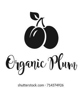 Vector illustration of a plum fruit with leaf. Plum vector icon. Organic plum freehand lettering. 