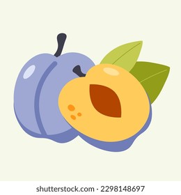 Vector illustration of plum and half of plum on a beige background. Hand-drawn fruits in bright colors. Suitable for illustrating healthy eating, recipes, local farm. Card with plums