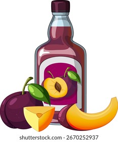 Vector illustration of plum juice bottle with whole and sliced plums, bold outlines, white background.