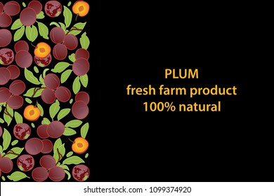 vector illustration of plum and leaf design background black and fruit and text fresh farm product 100% natural EPS10