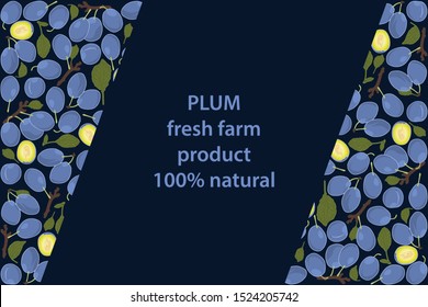 vector illustration of plum and leaf design background blue and fruit and text fresh farm product 100% natural EPS10