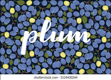 vector illustration of plum and leaf design with lettering plum background blue and fruit EPS10