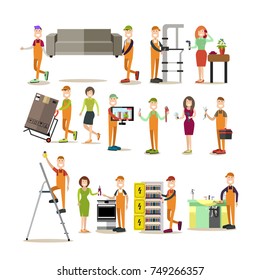 Vector illustration of plumber, delivery man, carrier, electrician and woman having plumbing and electrical problems at home. Worker people flat symbols, icons isolated on white background.