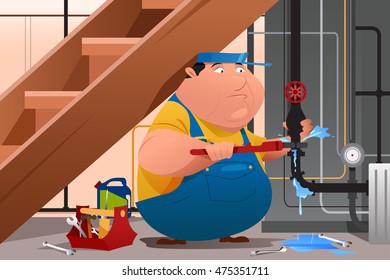 A vector illustration of plumber fixing a leaky water pipe