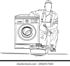 Vector illustration of plumber fixing washing machine, Sketch of plumbing specialist with toolbox repairing,Washing machine repair service illustration with tools