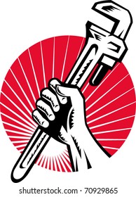 vector illustration of a Plumber hand holding monkey wrench side view set inside circle with sunburst done in retro style