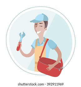 Vector illustration of plumber man dressed in coverall and holding adjustable wrench in his hand and holding bag in his other hand