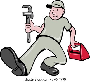 vector illustration of a plumber with monkey wrench and toolbox walking front  done in cartoon style on isolated background