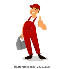 Vector Illustration Of Plumber In Red Overalls