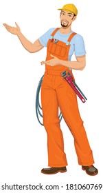 Vector illustration of Plumber Smiling  pointing 