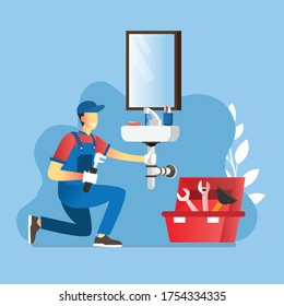 vector illustration of plumber worker repairs or install wastafel handyman makes house repair works