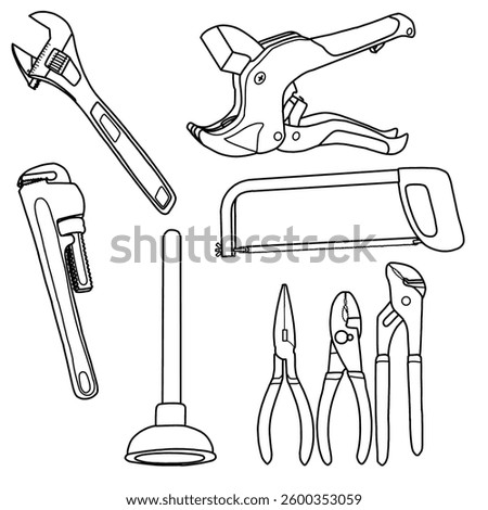 Vector illustration of plumbers tools doodle line art outline set containing pipe wrench, adjustable wrench, basin wrench, plunger, pipe cutters:, hacksaw, pliers. Isolated on a white background.