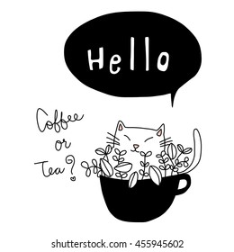 vector illustration - plump and cute white cat in a black cup of blossoms and leaves with wording. Hello. Coffee or Tea?. Good Morning greeting. Good Afternoon message.