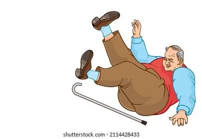 Vector illustration of plump elderly caucasian man with walking stick fall down due stumble,risk fractures,slip injury,clumsiness,isolated on white background,Obesity,Old age,at risk of accidents.