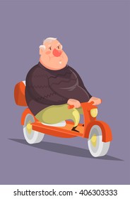 vector illustration with a plump old man on motorbike