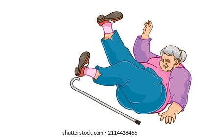 Vector Illustration Of Plump Old Woman With Walking Stick Fall Down Due Stumble,risk Fractures,slip Injury,clumsiness Or Illness,isolated On White Background,Obesity,Old Age,at Risk Of Accidents.