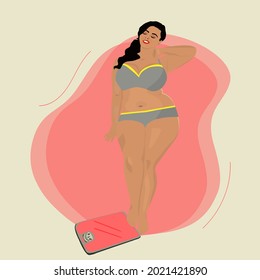 Vector illustration of a plump pretty woman in underwear weighing herself on the scale, isolated on a pink background.