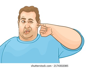 Vector illustration of plump young man picking his ear with his finger or putting finger into his ear,Itchy ear,isolated on white,Auditory,Ear infection,Cleanliness in ear canal for obese people.