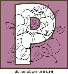 Vector illustration of plums inside of letter P. Limited colors graphic. Hand drawing.