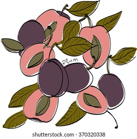 Vector illustration of plums. Limited colors graphic: rose, violet, green and black. Hand drawing, good for textile printing.