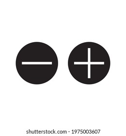 Vector illustration of plus and minus, black and white plus and less symbols on white background