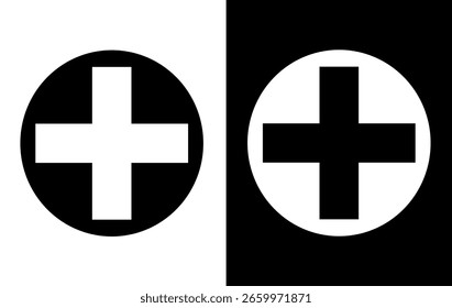 Vector illustration of a plus sign (+) symbol with contrasting design: white on black circle and black on white circle.
