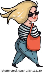 vector illustration of plus size funny woman walking isolated