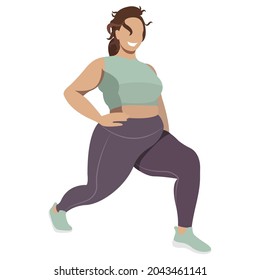 ilustración vectorial una chica más grande con uniforme deportivo (piernas y sujetador deportivo), hace fitness de buen humor aislado en un fondo blanco. útil para estudios de deportes publicitarios, programas