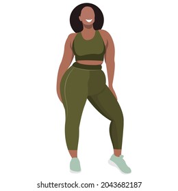 vector illustration a plus size girl in a sports uniform (leggings and a sports bra) trains, does fitness in a good mood isolated on a white background. useful for advertising sports studios, programs