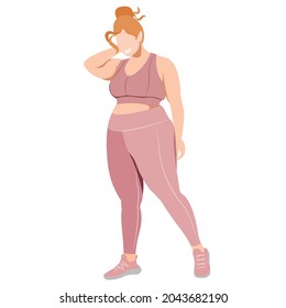 ilustración vectorial una chica más grande con uniforme deportivo (piernas y sujetador deportivo), hace fitness de buen humor aislado en un fondo blanco. útil para estudios de deportes publicitarios, programas