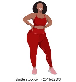 vector illustration a plus size girl in a sports uniform (leggings and a sports bra) trains, does fitness in a good mood isolated on a white background. useful for advertising sports studios, programs