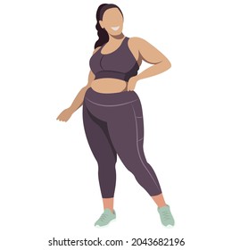vector illustration a plus size girl in a sports uniform (leggings and a sports bra) trains, does fitness in a good mood isolated on a white background. useful for advertising sports studios, programs