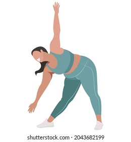 ilustración vectorial una chica más grande con uniforme deportivo (piernas y sujetador deportivo), hace fitness de buen humor aislado en un fondo blanco. útil para estudios de deportes publicitarios, programas