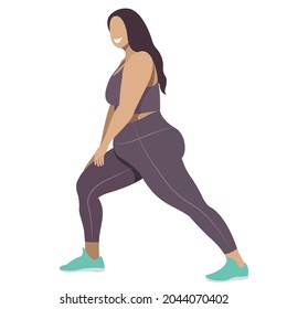 vector illustration a plus size girl in a sports uniform (leggings and a sports bra) trains, does fitness in a good mood isolated on a white background. useful for advertising sports studios, programs