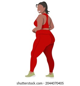 ilustración vectorial una chica más grande con uniforme deportivo (piernas y sujetador deportivo), hace fitness de buen humor aislado en un fondo blanco. útil para estudios de deportes publicitarios, programas