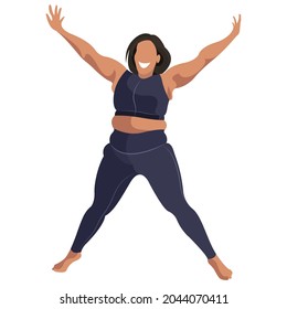 ilustración vectorial una chica más grande con uniforme deportivo (piernas y sujetador deportivo), hace fitness de buen humor aislado en un fondo blanco. útil para estudios de deportes publicitarios, programas