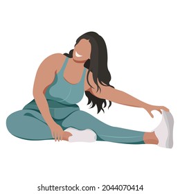 vector illustration a plus size girl in a sports uniform (leggings and a sports bra) trains, does fitness in a good mood isolated on a white background. useful for advertising sports studios, programs