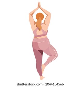 ilustración vectorial una chica más grande con uniforme deportivo (piernas y sujetador deportivo), hace fitness de buen humor aislado en un fondo blanco. útil para estudios de deportes publicitarios, programas