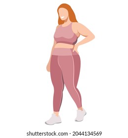 vector illustration a plus size girl in a sports uniform (leggings and a sports bra) trains, does fitness in a good mood isolated on a white background. useful for advertising sports studios, programs