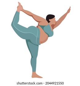 vector illustration a plus size girl in a sports uniform (leggings and a sports bra) trains, does fitness in a good mood isolated on a white background. useful for advertising sports studios, programs